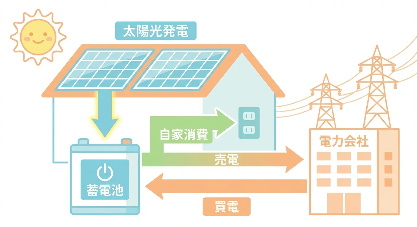 太陽光発電・蓄電池・電力会社の電気の流れを示す図解。太陽光で発電した電気を蓄電池にため、自家消費しながら余りを売電、不足時は買電する仕組み。