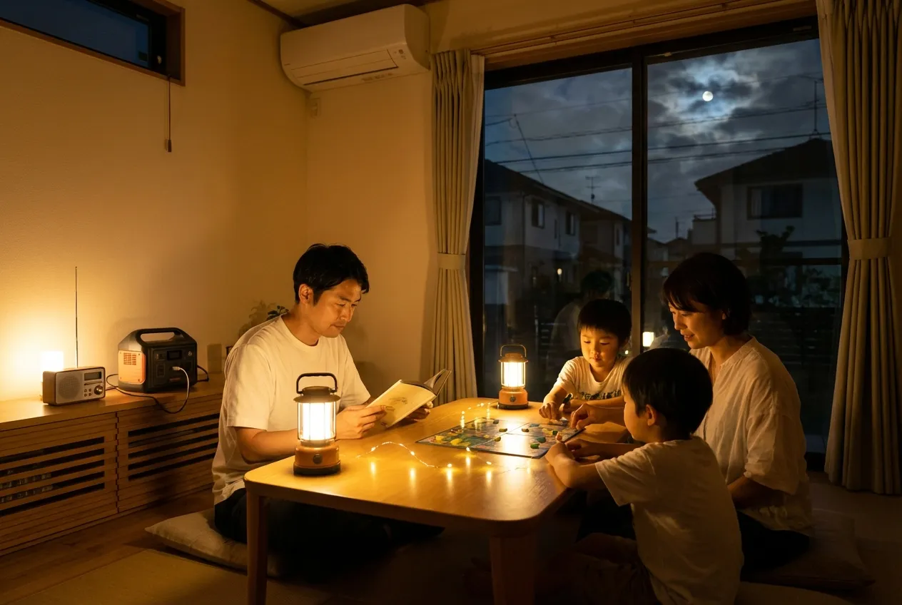 停電時も蓄電池で明るく過ごす家族