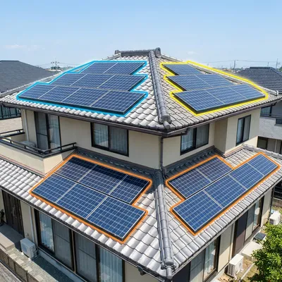 住宅の屋根にソーラーパネルが並んでいる上空からの写真