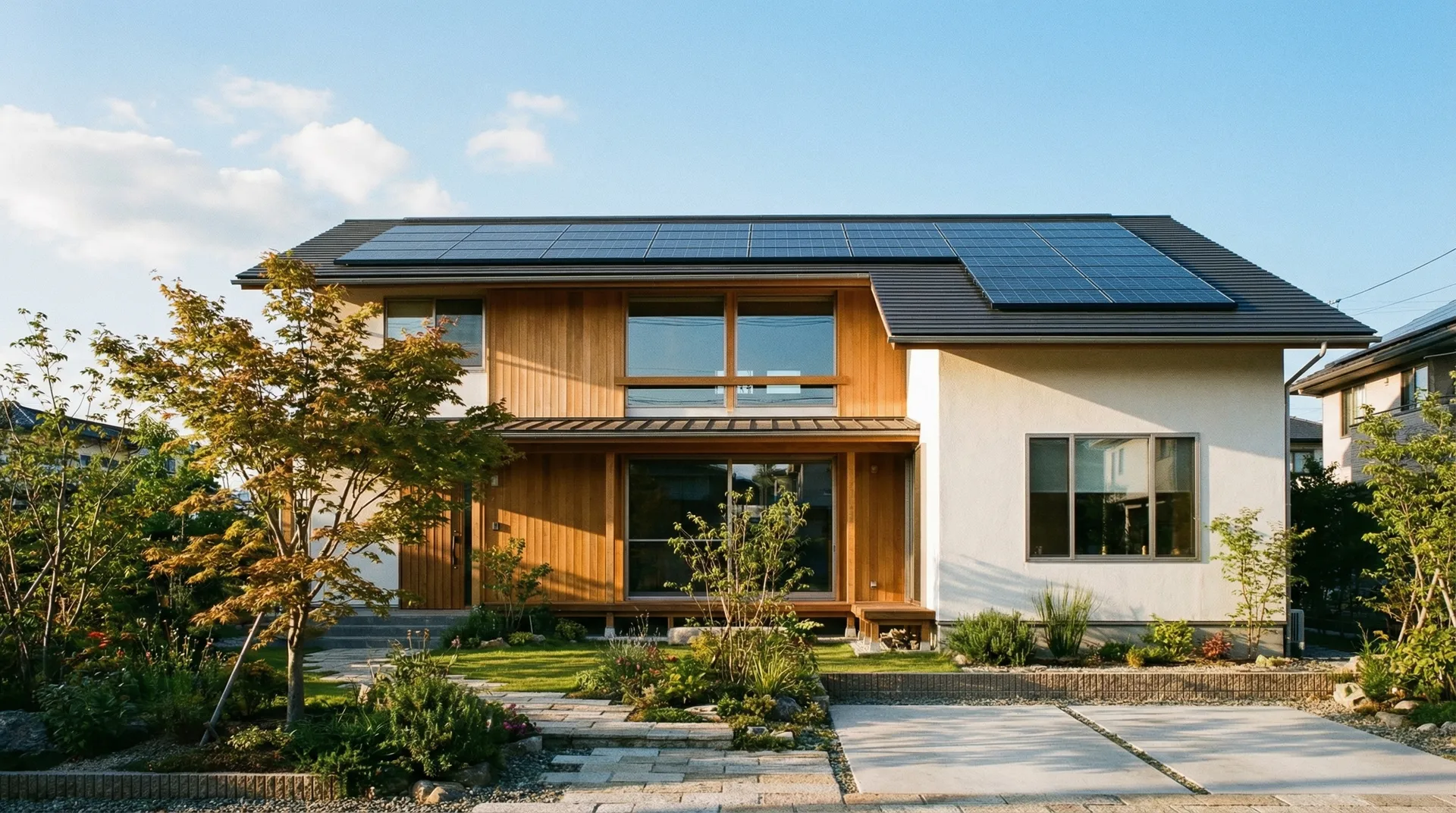 ソーラーパネルが設置された住宅の外観