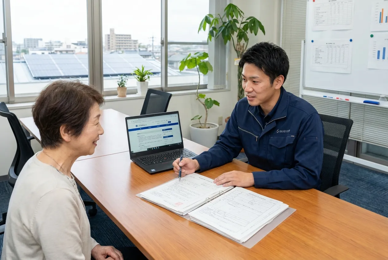 スタッフがお客様と見積もりを比較している様子